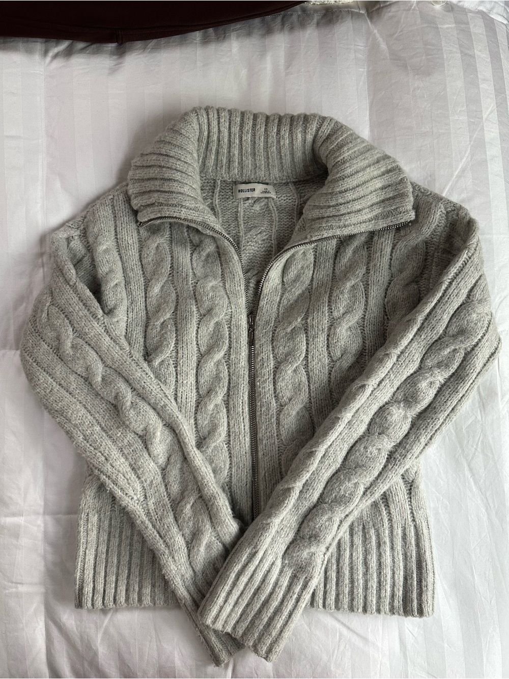 Hollister Light Gray Cable Knit Zip-Up Sweater